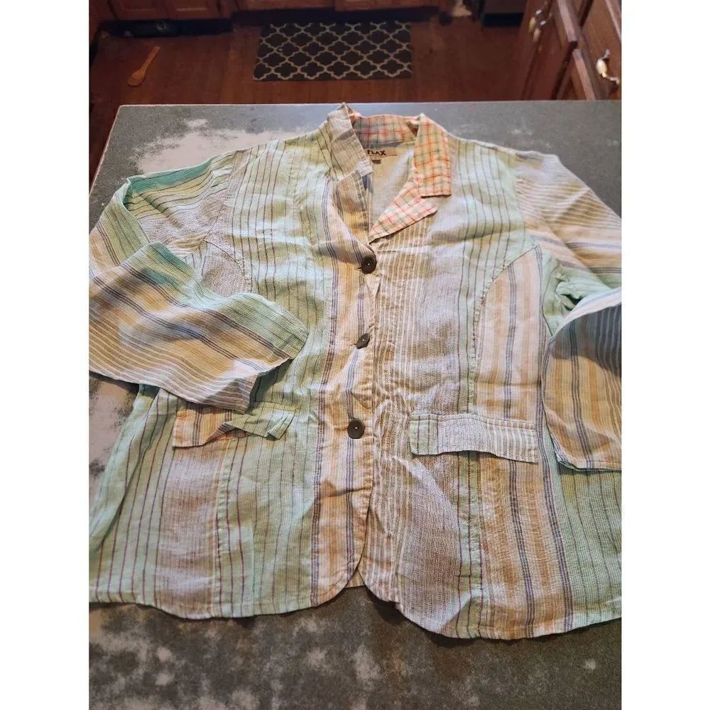 NWOT Flax brand linen button down multi color striped jacket sz Large